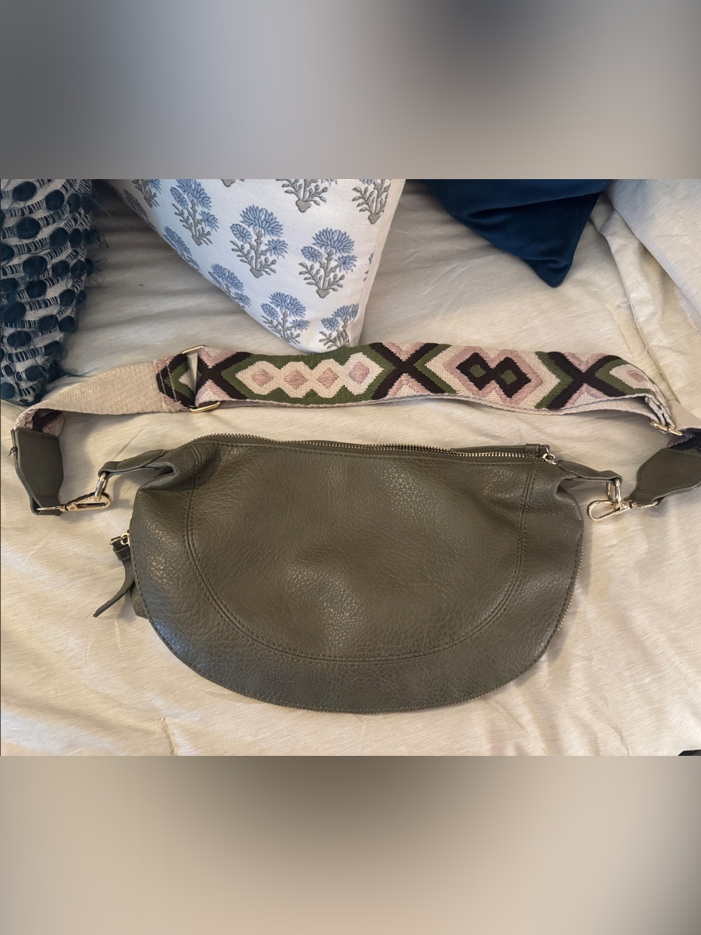 Olive Green Leather Crossbody Bag with Patterned Strap
